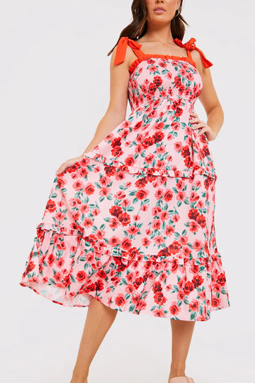Shirred Bust Ruffle Midi Dress